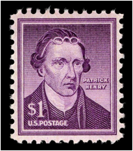 iolet postage stamp featuring portrait of Patrick Henry